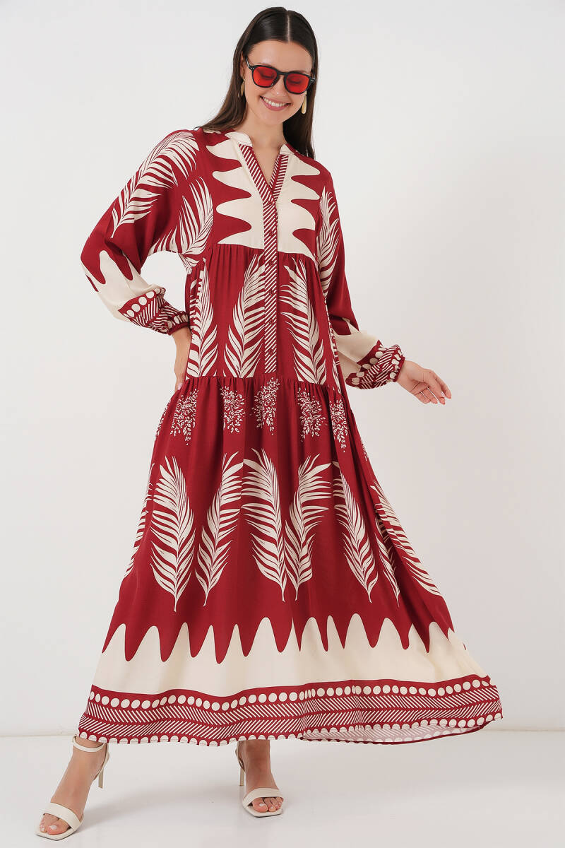 2423 Otantik Desenli Tesettür Elbise - G.Bordo - BİGDART