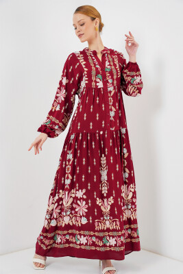 2423 Otantik Desenli Tesettür Elbise - H. Bordo 