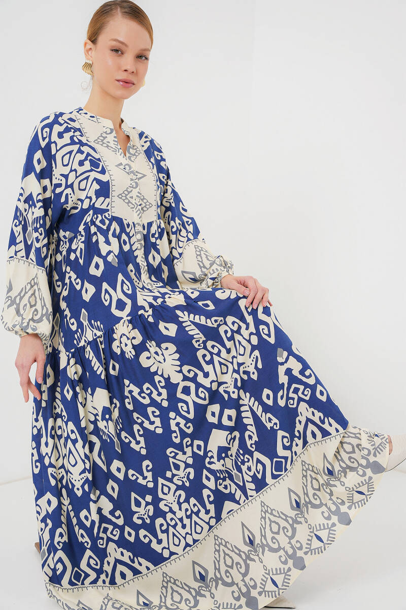2423 Otantik Desenli Tesettür Elbise - İndigo 1 - BİGDART