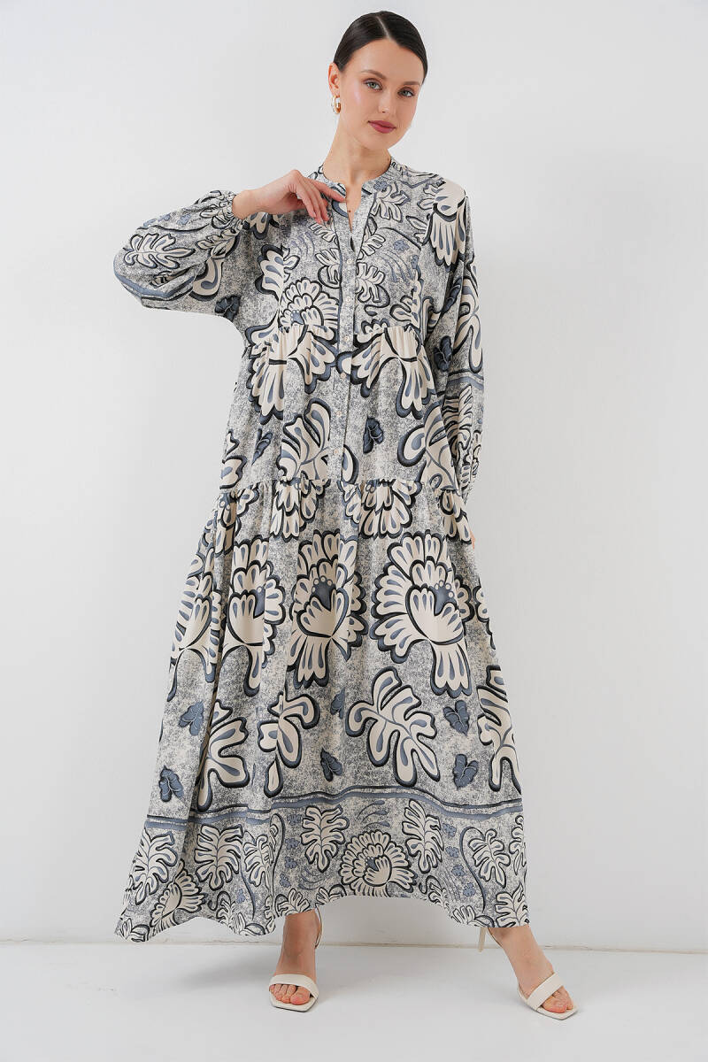 2423 Otantik Desenli Tesettür Elbise - K. Antrasit - BİGDART