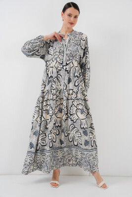 2423 Otantik Desenli Tesettür Elbise - K. Antrasit 