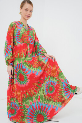 2423 Otantik Desenli Tesettür Elbise - L. Kırmızı 