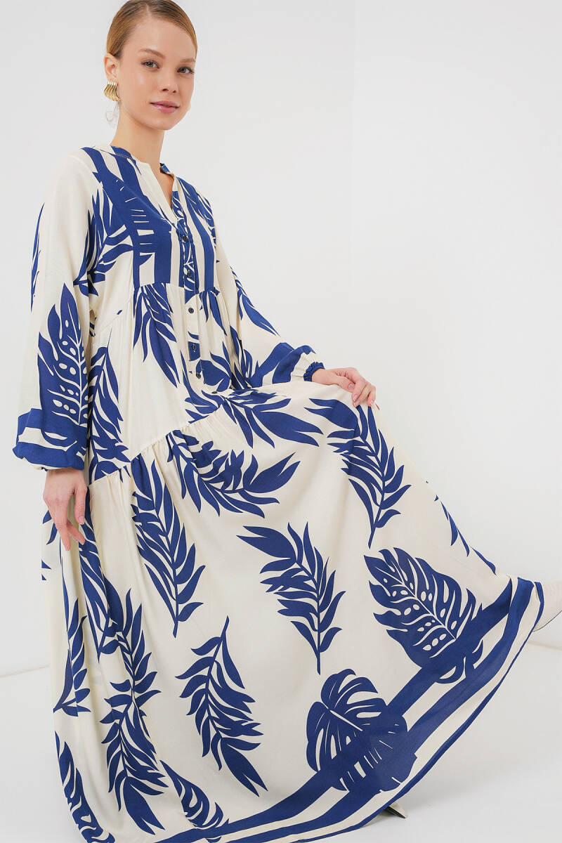 2423 Otantik Desenli Tesettür Elbise - Lacivert 0 - BİGDART