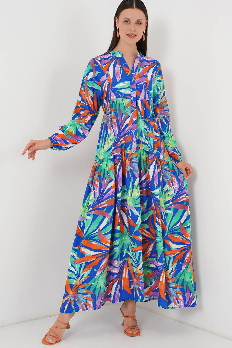 2423 Otantik Desenli Tesettür Elbise - Lacivert 10 - BİGDART