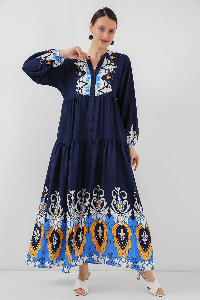 2423 Otantik Desenli Tesettür Elbise - Lacivert 4 - BİGDART