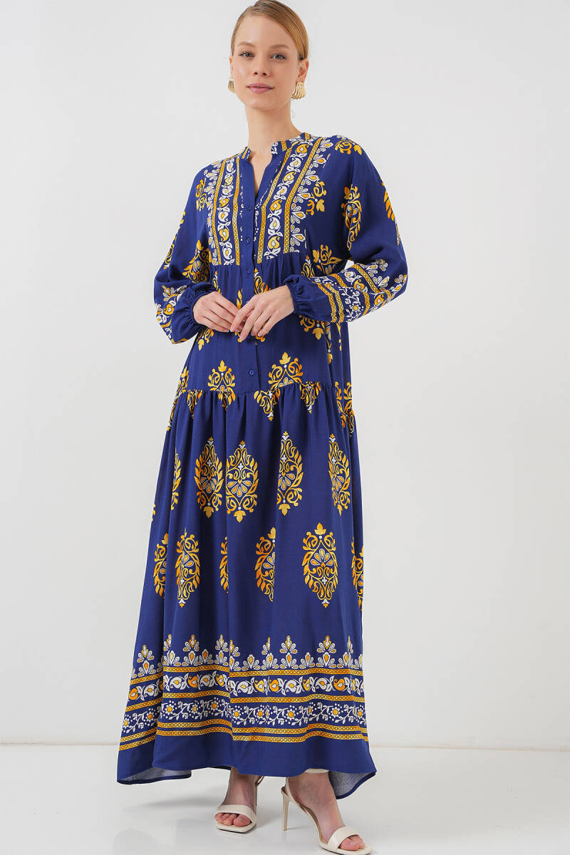 2423 Otantik Desenli Tesettür Elbise - Lacivert 6 - BİGDART