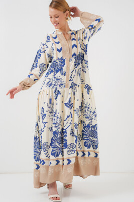 2423 Otantik Desenli Tesettür Elbise - Lacivert 8 