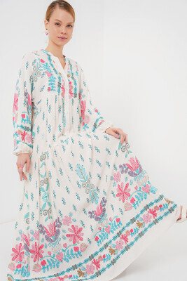 2423 Otantik Desenli Tesettür Elbise - M. Mavi 