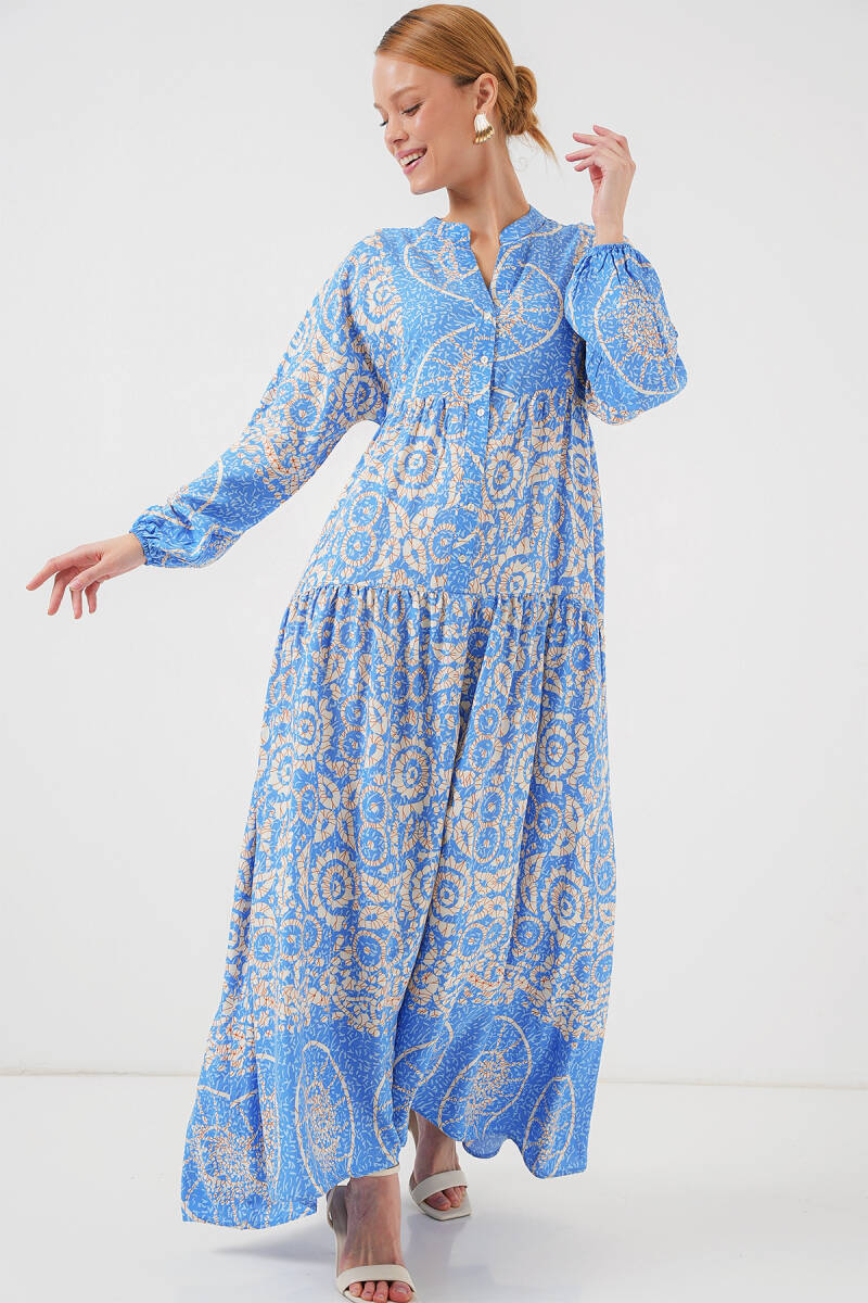 2423 Otantik Desenli Tesettür Elbise - S. Mavi - BİGDART