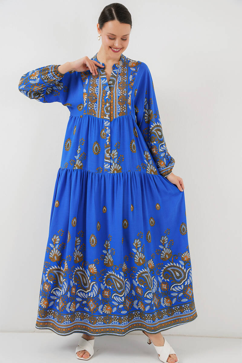 2423 Otantik Desenli Tesettür Elbise - Saks 1 - BİGDART