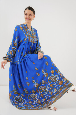 2423 Otantik Desenli Tesettür Elbise - Saks 1 - 2
