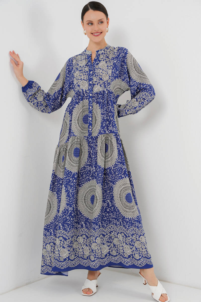 2423 Otantik Desenli Tesettür Elbise - Saks 4 - BİGDART