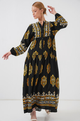 2423 Otantik Desenli Tesettür Elbise - Siyah 13 