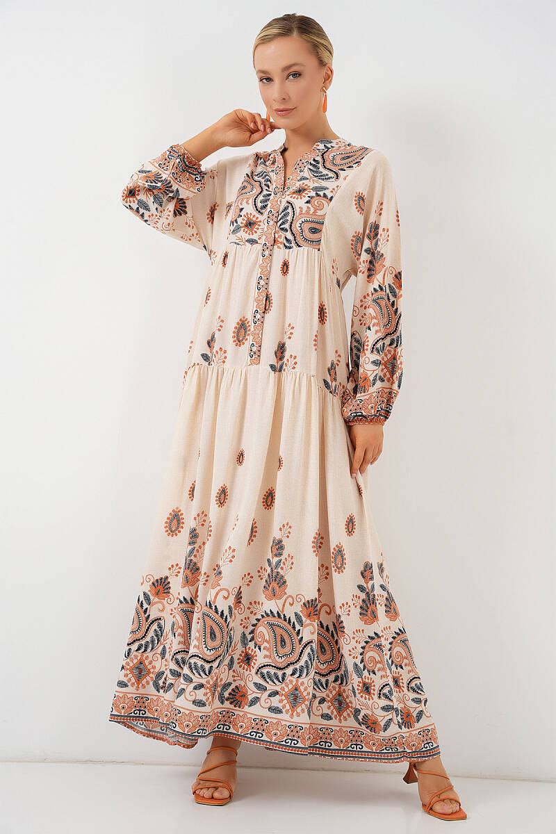 2423 Otantik Desenli Tesettür Elbise - TURUNCU 1 - BİGDART