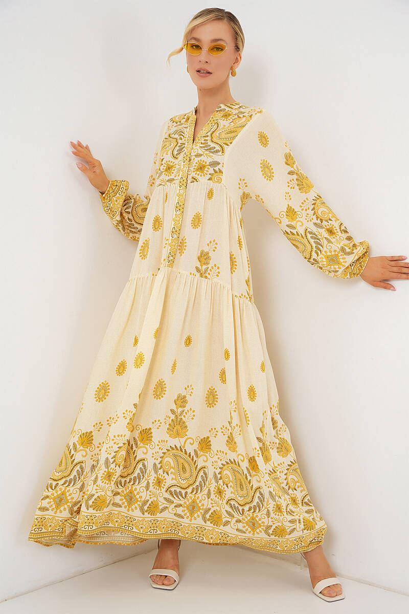 2423 Otantik Desenli Tesettür Elbise - Y.Sarı - BİGDART