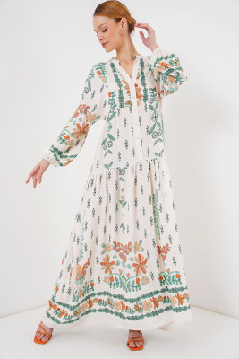 2423 Otantik Desenli Tesettür Elbise - Yeşil 10 