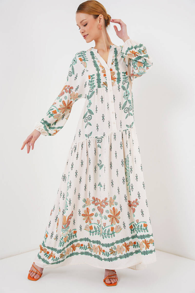 2423 Otantik Desenli Tesettür Elbise - Yeşil 10 - BİGDART