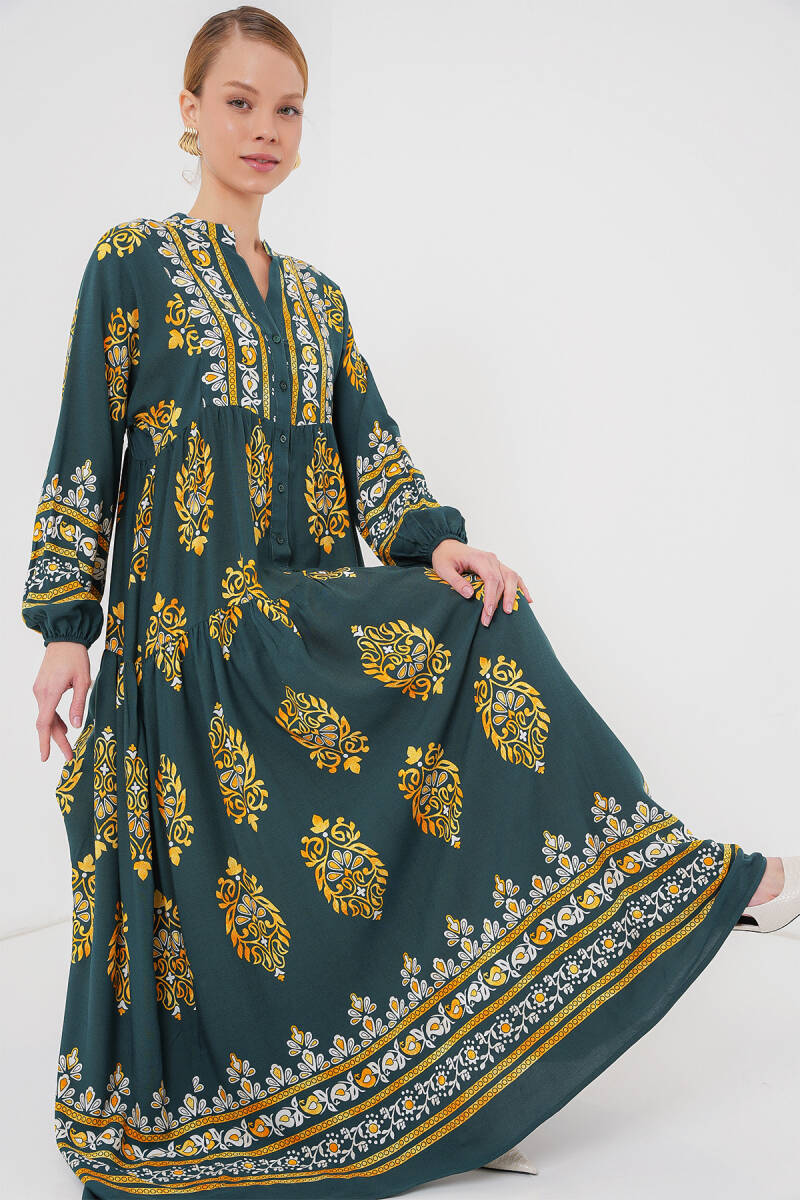 2423 Otantik Desenli Tesettür Elbise - Yeşil 7 - BİGDART