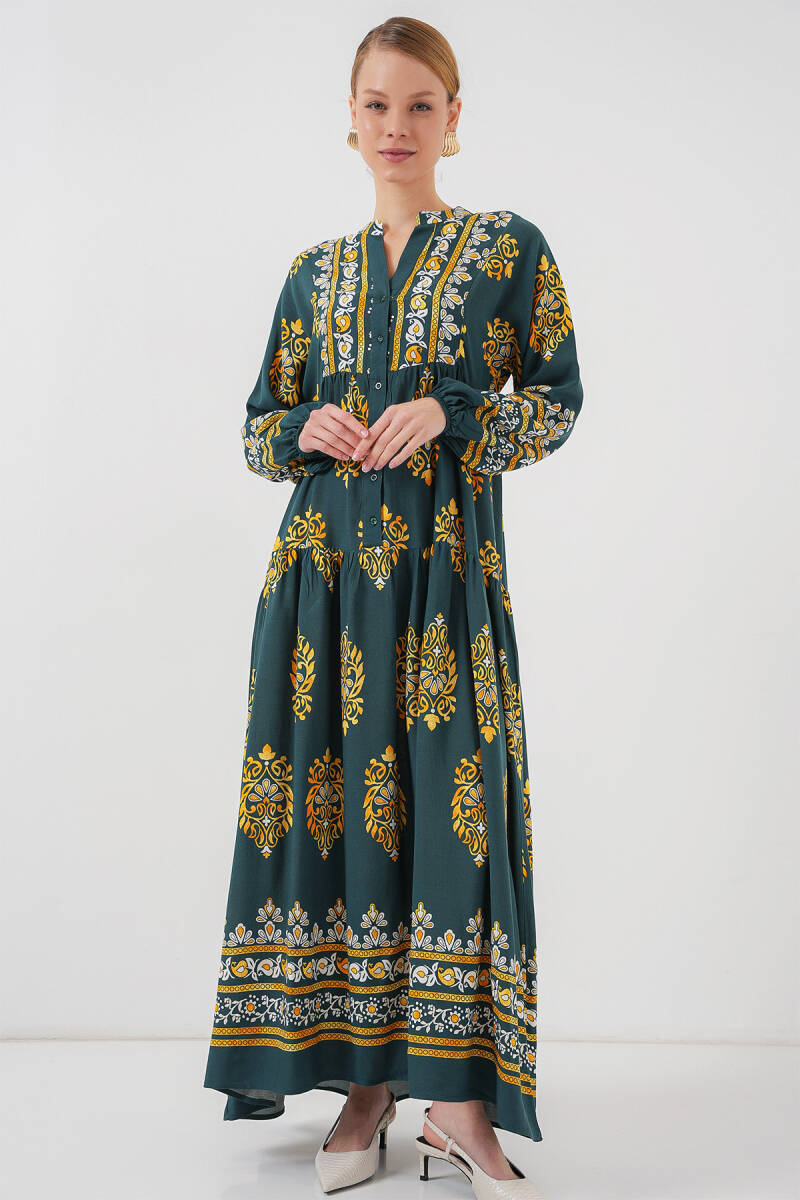 2423 Otantik Desenli Tesettür Elbise - Yeşil 7 - BİGDART