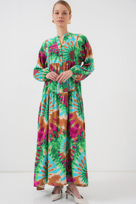 2423 Otantik Desenli Tesettür Elbise - Yeşil 9 