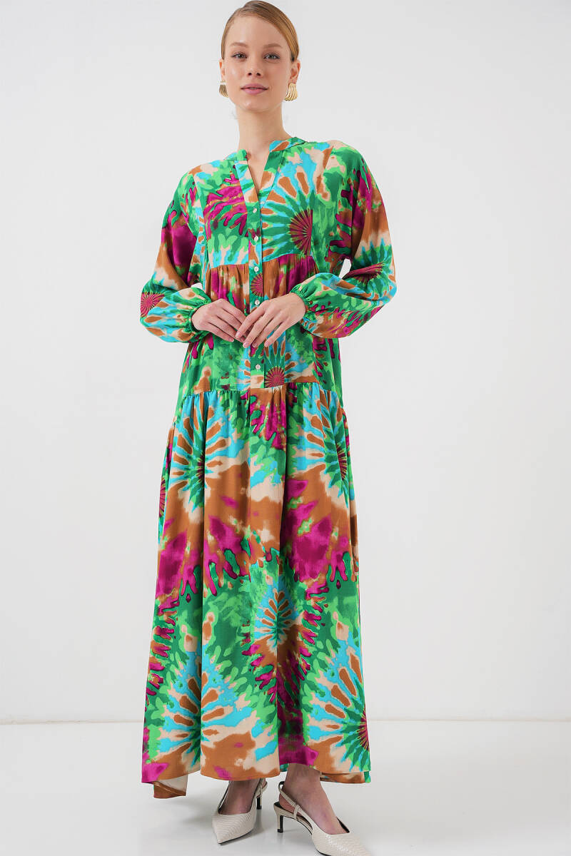 2423 Otantik Desenli Tesettür Elbise - Yeşil 9 - BİGDART