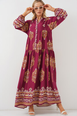 2423 Otantik Desenli Tesettür Elbise - Z.Bordo 