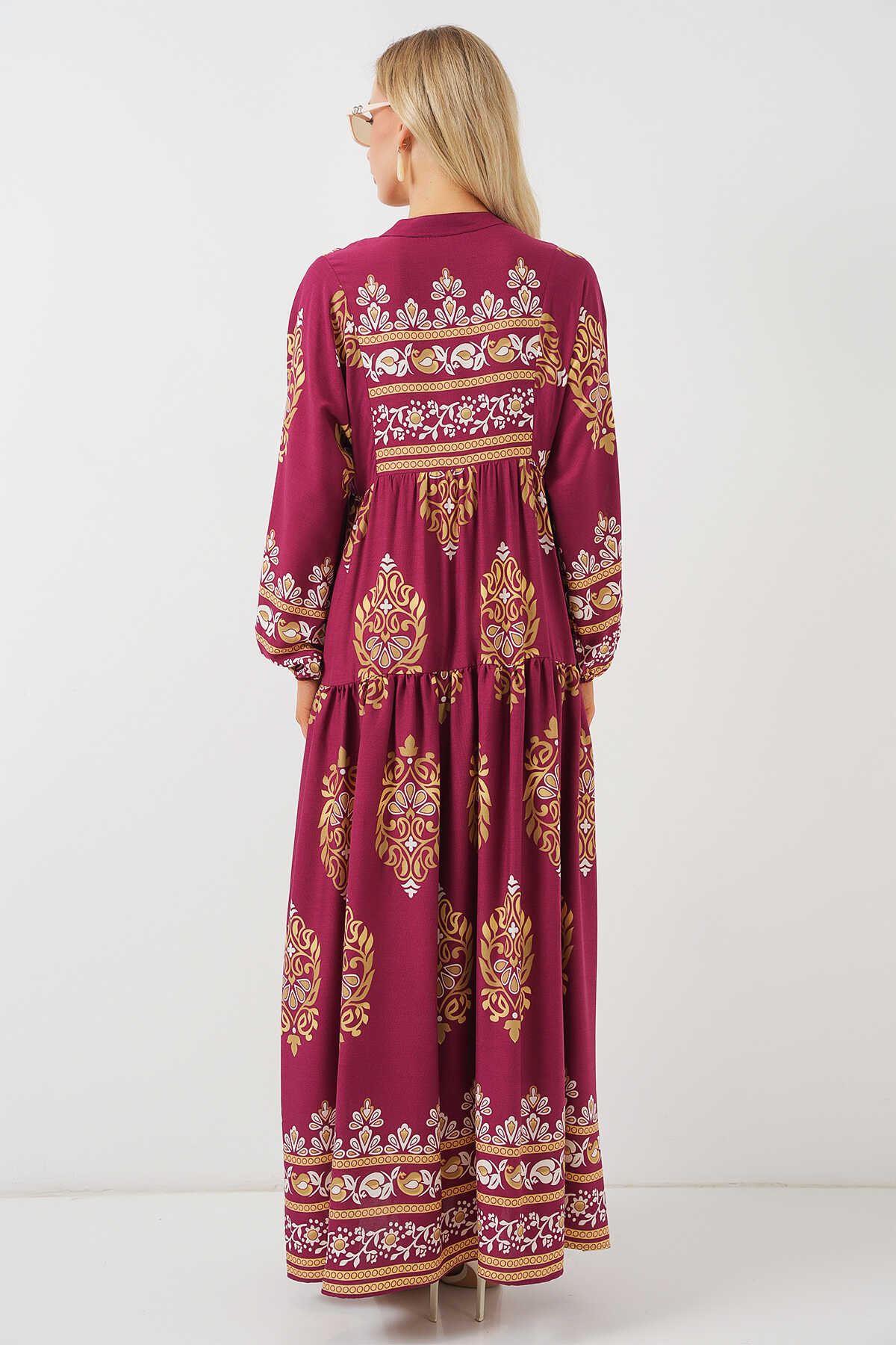 2423 Otantik Desenli Tesettür Elbise - Z.Bordo - 7