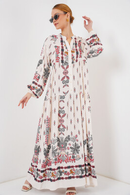 2423 Otantik Desenli Tesettür Elbise - Z. Kırmızı 