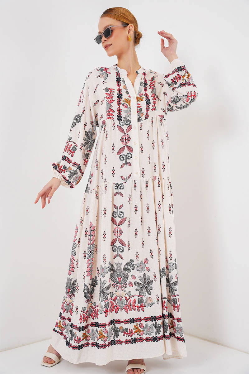 2423 Otantik Desenli Tesettür Elbise - Z. Kırmızı - BİGDART