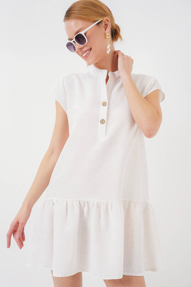2425 Keten Mini Elbise - Ekru - BİGDART