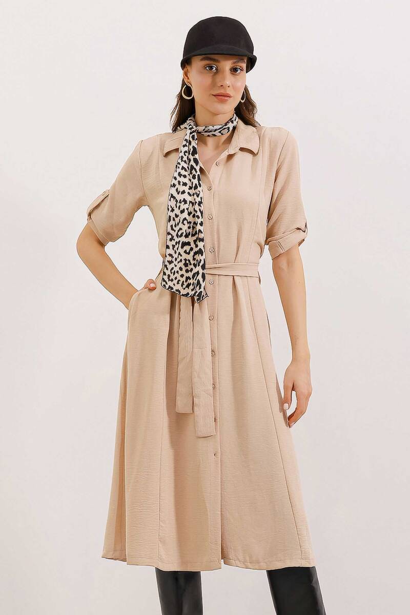 Kadın Bej Kuşaklı Gömlek Elbise 2442 - BİGDART