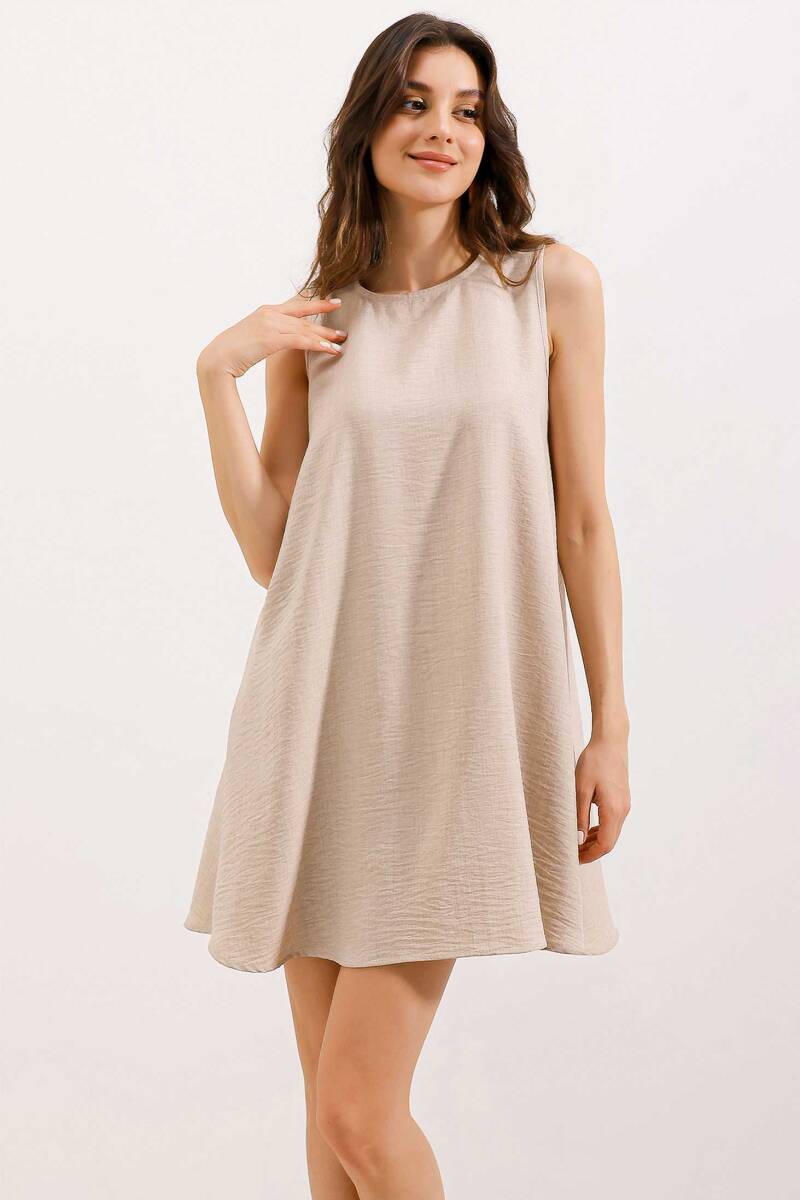 2444 Mini Keten Elbise - Bej - BİGDART