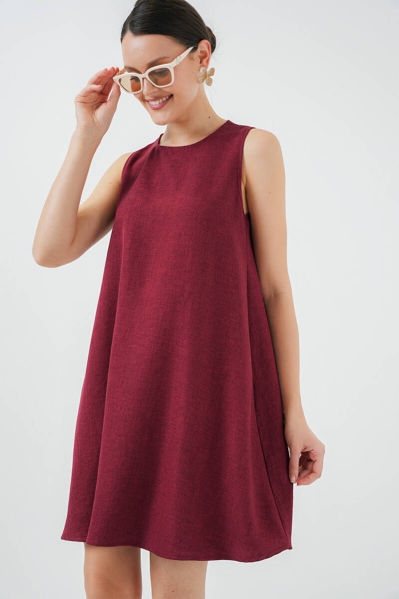 2444 Mini Keten Elbise - Bordo - BİGDART