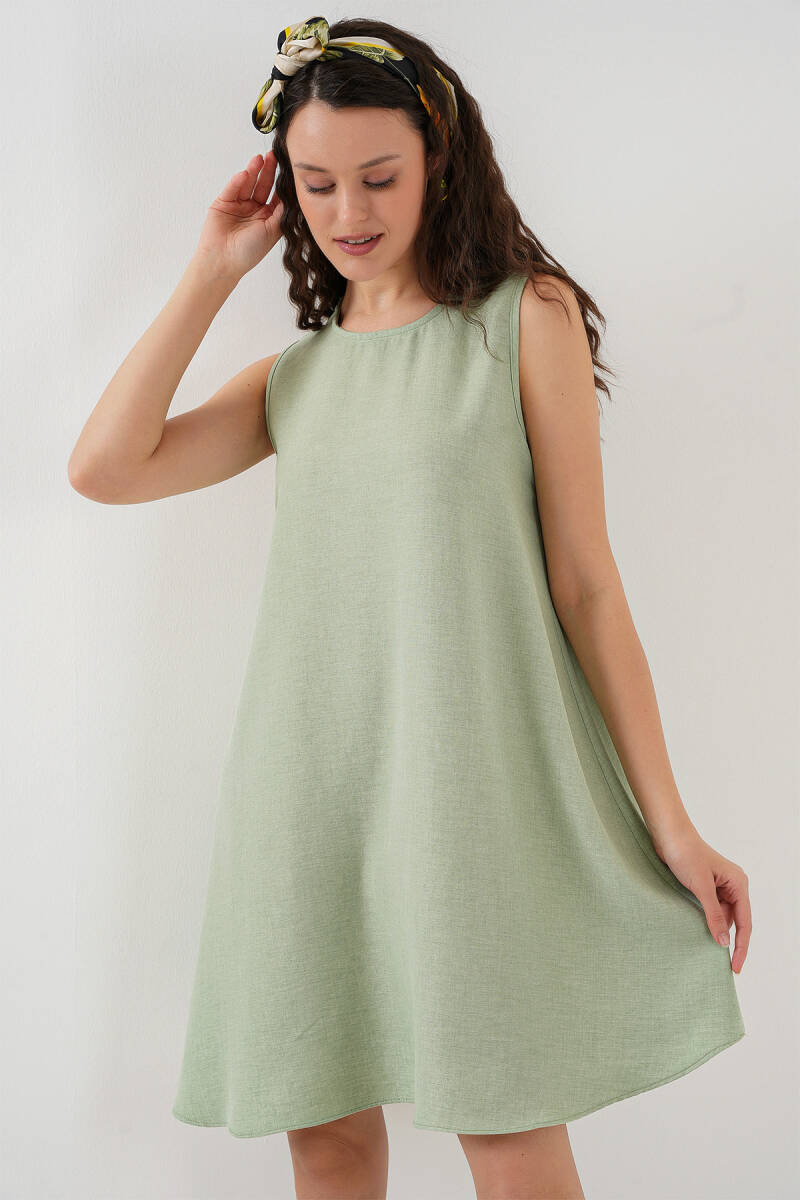 2444 Mini Keten Elbise - E.Yeşil - BİGDART