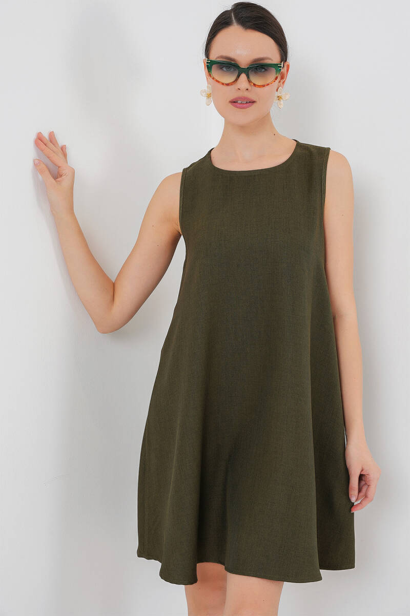 2444 Mini Keten Elbise - Haki - BİGDART