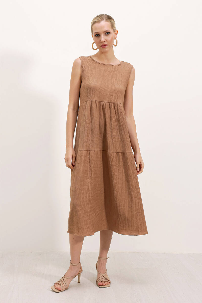 2448 Sıfır Kol Uzun Örme Elbise - Bisküvi - BİGDART