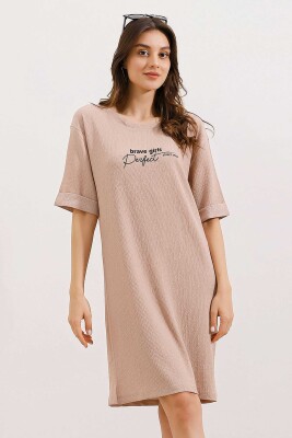 2452 Baskılı Oversize Örme Elbise - Bisküvi 