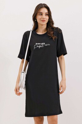 2452 Baskılı Oversize Örme Elbise - Siyah 