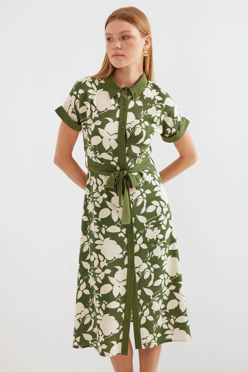 2455 Desenli Gömlek Elbise - Haki - BİGDART