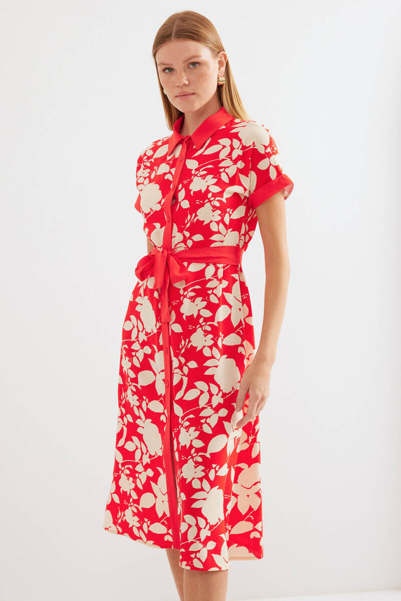 2455 Desenli Gömlek Elbise - Kırmızı - BİGDART