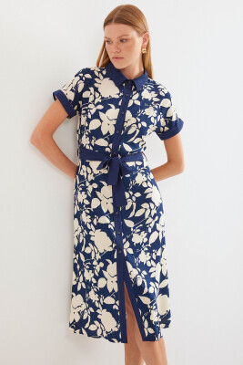 2455 Desenli Gömlek Elbise - Lacivert 