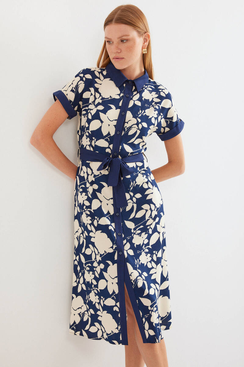 2455 Desenli Gömlek Elbise - Lacivert - BİGDART