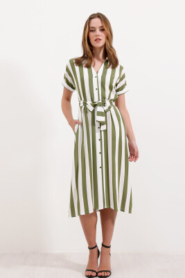 2456 Çizgili Gömlek Elbise - Çağla 