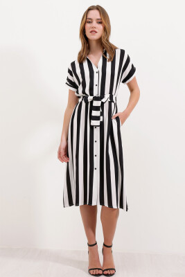 2456 Çizgili Gömlek Elbise - Siyah 