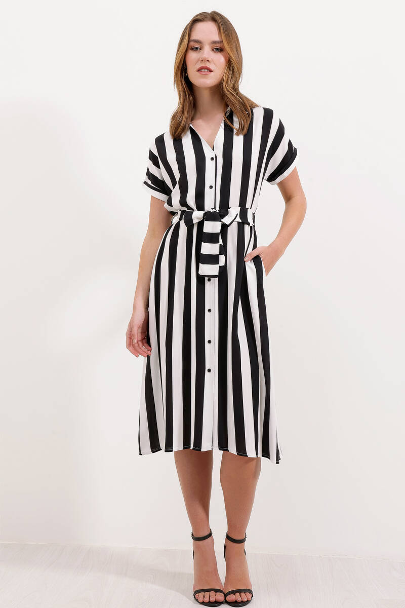 2456 Çizgili Gömlek Elbise - Siyah - BİGDART