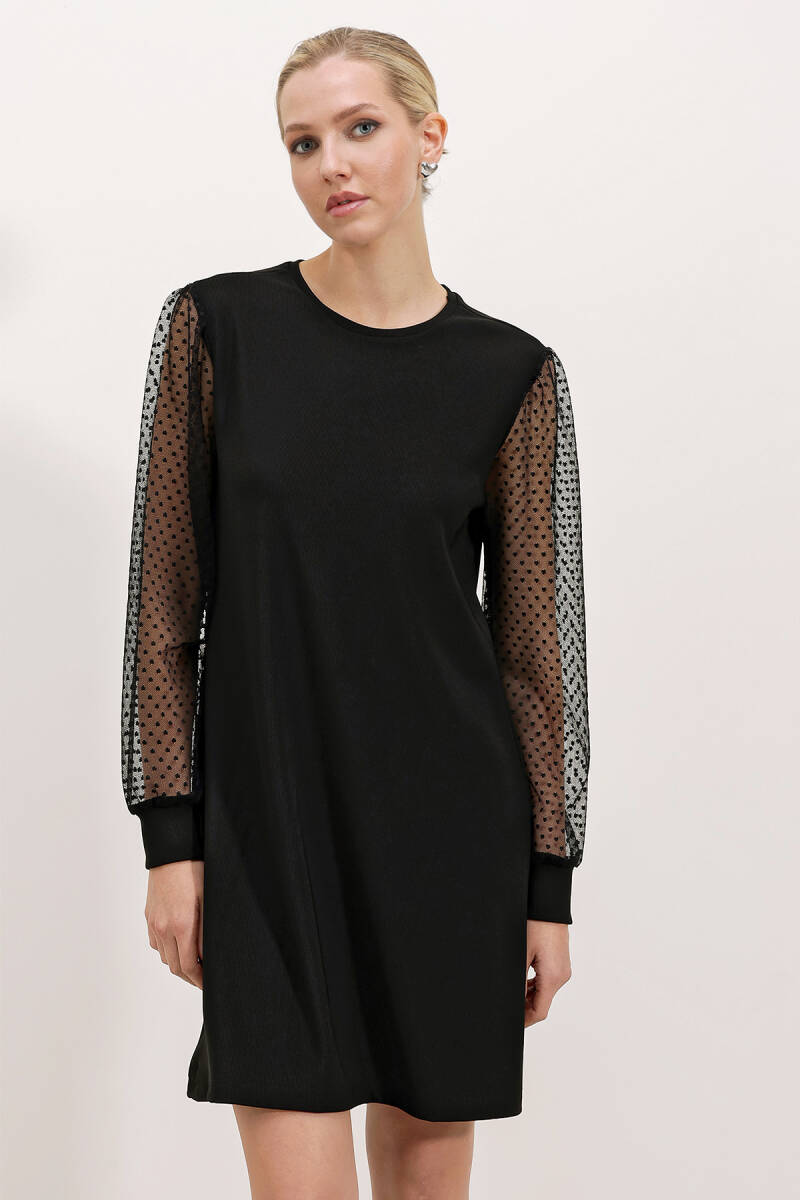 2467 Tül Kollu Mini Elbise - Siyah - BİGDART