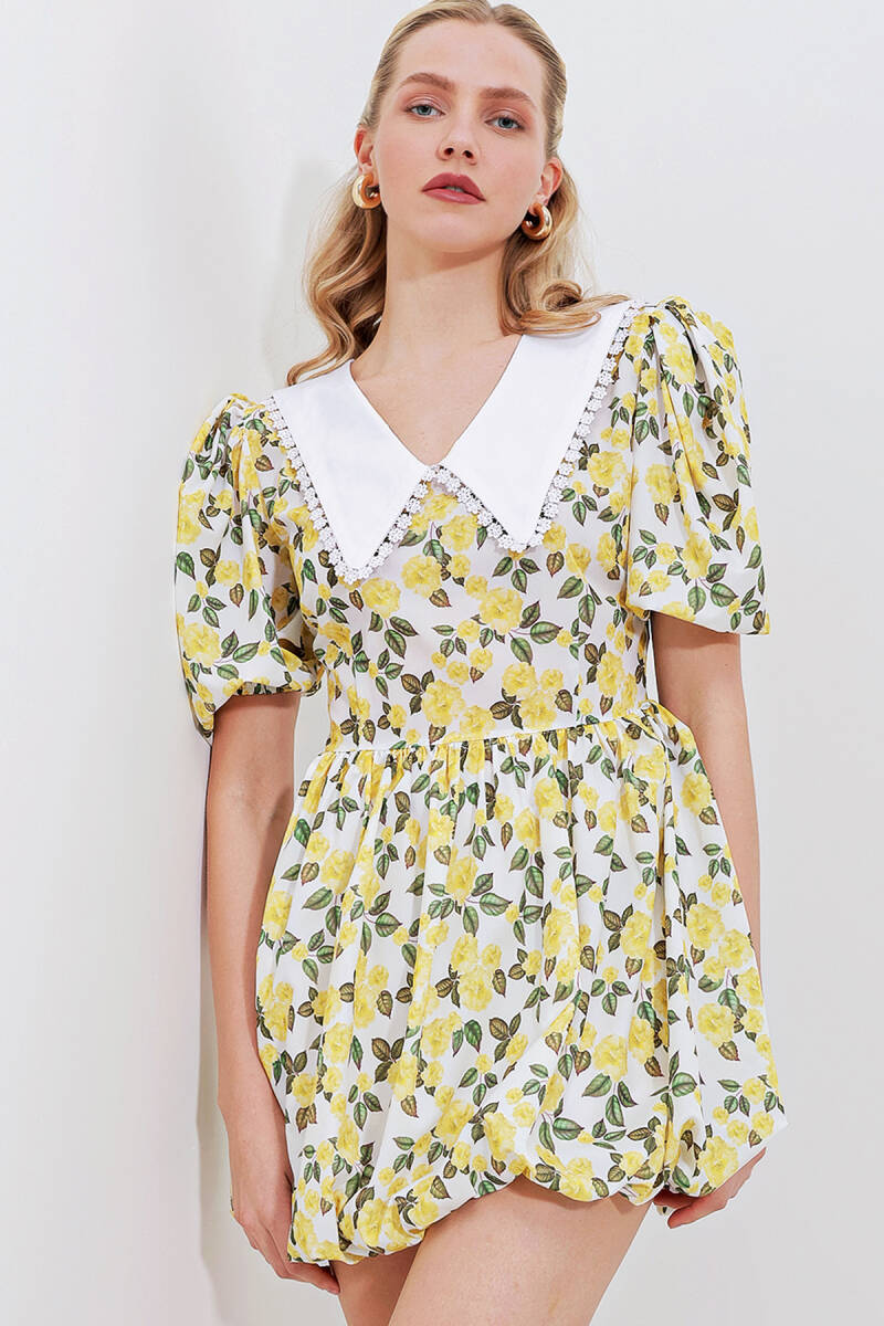 2478 Çiçekli Mini Elbise - Sarı - BİGDART
