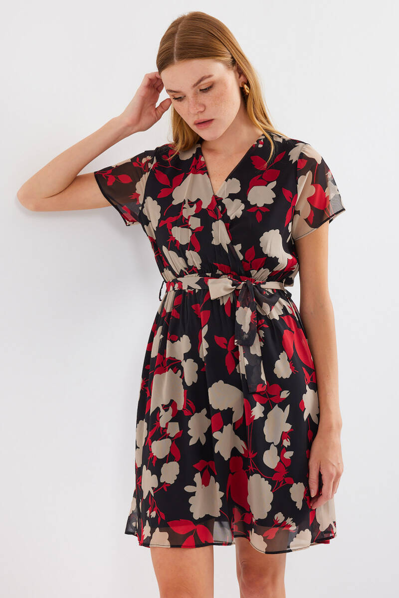 2502 Kısa Kol Desenli Şifon Elbise - Bordo - BİGDART