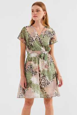 2502 Kısa Kol Desenli Şifon Elbise - Çağla 