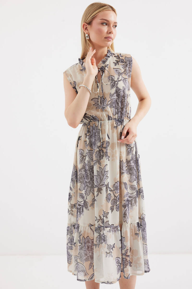 2503 Desenli Sıfır Kol Şifon Elbise - Antrasit - BİGDART